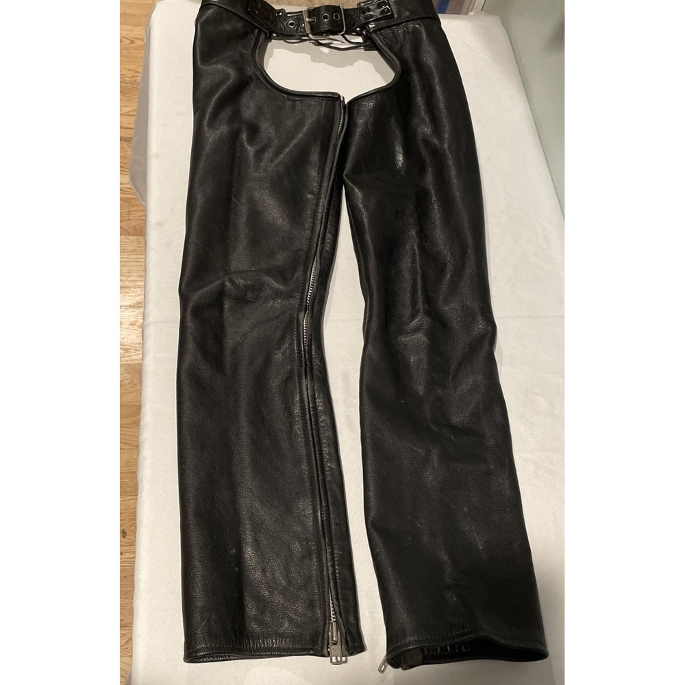 Vintage USA Leather Motorcycle Chaps Full Length Lenzip Zipper Adjustable Lace M